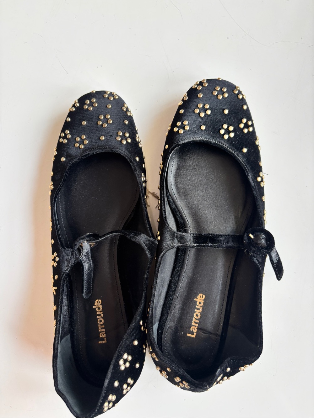 Larroude Black with Gold Floral Emblisments Mary Jane Flats - Picture 3 of 7